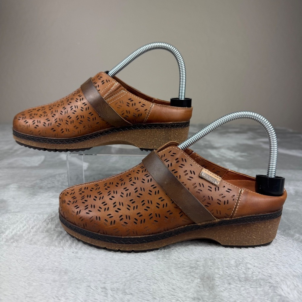 Pikolinos Brown Leather Perforated Clog womens Slip-On Shoes EU 37 US 6.5-7